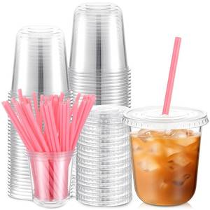lot 59202 image: Ziliny 50 Sets Clear Plastic Cups with Heart Shaped Straws and Lids, Disposable Iced Coffee Cups Drinking Pet for Cold Drinks, Valentines Galentines Day Bridal Baby Showers Party (12 oz,Clear) - Retail $27