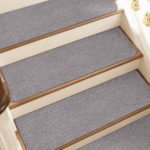 lot 59209 image: Non-Slip Stair Treads for Wooden Steps Indoor, 15 Pack 9 X 28 Stair Carpet Mats with TPE Backing for Kids Elders and Dogs, 0.3 Thick 100% Polyester Soft Stair Runner Rug, Light Grey - Retail $41