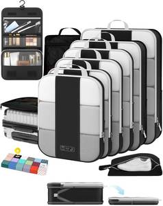 lot 59214 image: 10 Set Compression Packing Cubes for Travel Essentials,Compressible Expandable Packing Cubes for Suitcase,OlarHike Luggage Organizer Bags for Travel,Handy Helper for Organizing Clothes(Black) - Retail $46