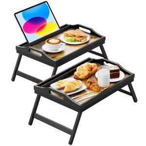 lot 59216 image: 2 Pack Breakfast in Bed Tray for Eating, 16.92 x 12.6 Inch Bed Table Tray with Folding Legs & Handles, Bamboo Food Lap Trays Fits for Adult Kids EatingTVSurgery Recovery by Easoger. Set of 2 - Retail $38