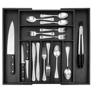 lot 59220 image: Purawood Bamboo Drawer Organizer - Expandable Silverware Organizer & Utensil Organizer, Cutlery Tray with Dividers, 7-9 Slots - Premium Kitchen Drawer Organizer for Utensils & Flatware (Black) - Retail $28