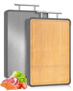 lot 59222 image: Cutting Boards for Kitchen - Food Grade Double Sided Pure Titanium& Bamboo Chopping Board with Handle, Slip resistant Non-toxic Charcuterie Board Housewarming Gifts (16x11) - Retail $60