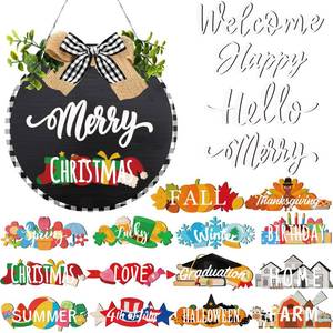 lot 59226 image: Yuntau 20 Pcs Seasonal Front Door Sign for All Seasons Hanging Interchangeable Holiday Welcome Sign, Rustic Round Wood Wreaths Wall Hanging Outdoor Indoor Farmhouse Front Door Home Decor(Black) - Retail $20