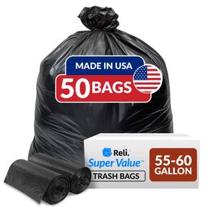 lot 59230 image: Reli. 55-60 Gallon Trash Bags Heavy Duty  50 Bags  50-60 Gallon  Large Black Garbage  Made in USA - Retail $24