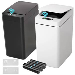 lot 59233 image: kaylowe Bathroom Automatic Trash Can 2.6 Gallon Touchless Small Trash Cans 2Pack Slim Motion Sensor Smart Garbage Bin for Commercial Office, Bedroom, Bathroom, Living Room, Black White - Retail $29
