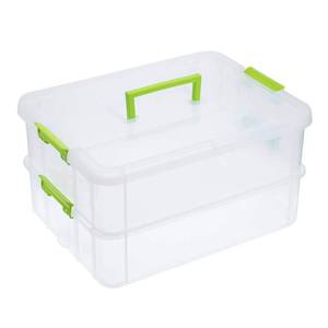 lot 59234 image: JUXYES 2-Tiers Stack Carry Storage Box With Handle, Transparent Stackable Storage Bin With Handle Lid Latching Storage Container for School & Office Supplies (Green) - Retail $26