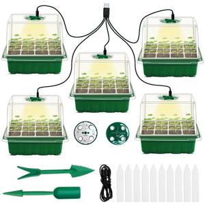 lot 59237 image: Seed Starter Tray with Grow Light, 5 Packs Plant Starter Tray Seedling Starter Kit with Humidity Domes Base Indoor Greenhouse Mini Propagator Station for Seeds Growing Starting (12 Cells per Tray) - Retail $22