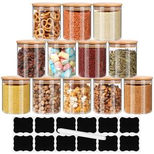 lot 59239 image: EkkoVla 12 oz Glass Food Storage Jar with Bamboo Lid, 12 Pack Borosilicate Glass Airtight Kitchen Storage Containers Sets, Clear Kitchen Canister for Coffee Bean, Nuts, Candy, Cookie, Spices, Tea - Retail $34