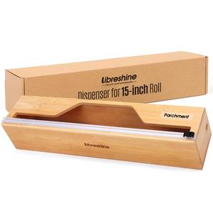 lot 59251 image: Libreshine 15 Inch Parchment Paper Dispenser with Cutter for Costco-Sized Roll, Bamboo Kitchen Drawer Organizer for Foil & Wax Paper, Wall-Mounted Large Food Wrap Holder - Retail $30