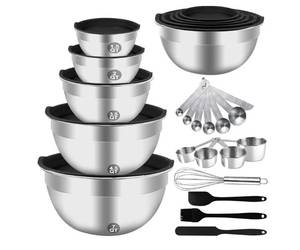 lot 59253 image: Mixing Bowls Set, 25PCS Stainless Steel Mixing Bowl with Lid Set, Large Nesting Bowls 7, 4.5, 3,2, 1.5QT, Measuring Cups and Spoons Baking Utensils Metal Bowl for Kitchen Prep - Retail $35