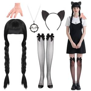 lot 44214 image: Womens Cosplay Costume Set Long Black Braided Wig, Stockings, Headband, Necklace & Fake Hand for Halloween, Theme Parties, and Cosplay Events - Retail $26