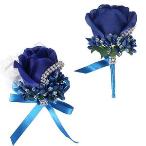 lot 44241 image: Rose Wrist Corsage Bridesmaid Corsage and Boutonniere Set for Wedding Prom Party Hand Flower Decoration Set of 2 (Blue) - Retail $13