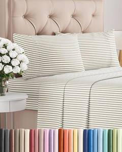 lot 44254 image: King Size 4 Piece Sheet Set - Comfy Breathable & Cooling Bed Sheets Set - Hotel Luxury Bedding for Women, Men, Kids, Teens, Boys & Girls - Deep Pockets, Soft, Wrinkle Free - Oeko-Tex - Beige Stripes 2 - Retail $38