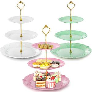 lot 44264 image: 3 Pack 3 Tier Plastic Cupcake Stand, Dessert Plates Cake Fruit Candy Display Tower Reusable Pastry Platter for Wedding Birthday Baby Shower Tea Party Decorations - White Pink Green - Retail $19