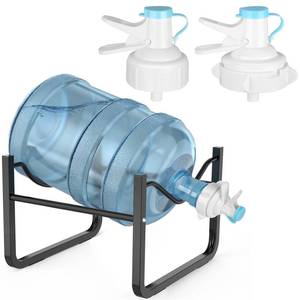 lot 44266 image: 3-5 Gallon Water Jug Stand and 2 Dispenser Valves, Rust-Resistant Non Slip Water Stand with BPA Free Fast Flow Water Spout Fits Both 52mm and 55mm Bottles, 2 CAPS Included - Retail $10