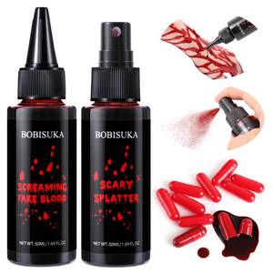 lot 44289 image: Halloween Fake Blood Kit, 1.76oz Blood Spray  1.76oz Dripping Blood  10 Fillable Empty Capsules, Realistic Washable Fake Blood Makeup for Mouth Clothes Zombie Vampire Monster SFX Cosplay - Retail $9