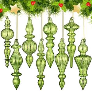 lot 44305 image: 8 Pcs 6 Inch Mercury Glass Finial Christmas Ornaments Hanging Christmas Finials Glass Ornaments Assorted Mercury Decor for Vintage Holiday Xmas Tree Decoration(Fresh Green) - Retail $22