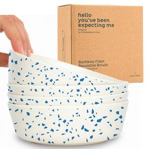 lot 44306 image: Nook Theory 4 Pack Bamboo Bowls - 18 Oz Reusable Toddler and Kids Bowl, Dishwasher Safe - Not Microwavable Bamboo Dishes (Terrablue) - Retail $21