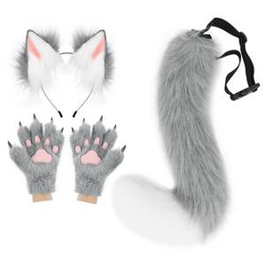 lot 44316 image: Fox Wolf Ears Headband Furry Tail Plush Cat Paw Mittens Gloves Set Halloween Party Costumes Accessories - Retail $30