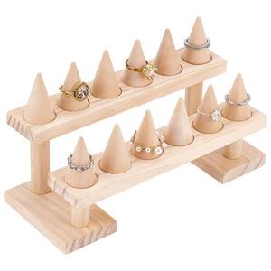 lot 44319 image: 2-Tier 12-Slot Wooden Finger Ring Display Stand Jewelry Ring Display Holder Showcase with 12Pcs Wooden Display Ring Cone Storage Organizer for Ring Jewelry 3.54 x 8.46 x 4.72 Inches - Retail $16