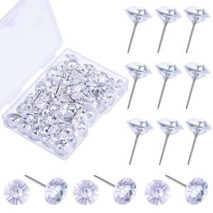 lot 44328 image: 100 Pieces Clear Push Pins Decorative Diamond Tacks for Cork Board Crystal Furniture Transparent Push Pins Thumb Tacks for Cute Wedding Furniture Sofa Bulletin Board Posters Maps Classroom - Retail $8