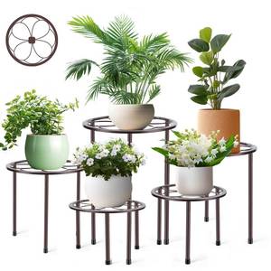 lot 44330 image: 5 Pack Metal Plant Stand, Anti-Rust Iron Plant Stands for Indoor and Outdoor, Heavy Duty Flower Pot Stands for Multiple Plant, Black Potted Plant Holder for Garden Home (5 Pack Brown) - Retail $33