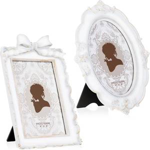 lot 44334 image: 2 Pcs Vintage Picture Frames Antique Baroque Ornate Resin Rectangle Oval Photo Frames with Glass Front Tabletop and Wall Decor for Home Wedding Christmas Party Decor(White,4 x 6 Inches) - Retail $29