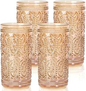 lot 44341 image: Amber Glassware set of 4 Vintage Drinking Glasses, 12oz Amber Heavy Duty Glass Cups, Old Fashioned Glass, Highball Glasses Set for Party Wedding Home Office Glassesware Gift - Retail $26