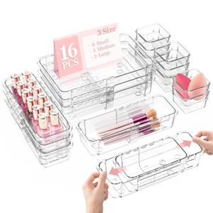 lot 44360 image: 16 Pcs Clear Extendable Drawer Organizer, Adjustable Drawer Storage 3-Size Desk Drawer Organizer, Plastic Non-Slip Storage Bins for Makeup, Cosmetic, Jewelries, Utensils, Stationery, Dressers - Retail $23