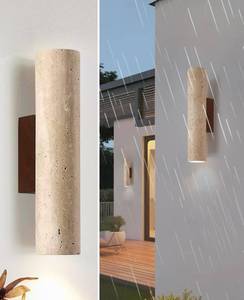 lot 44363 image: Outdoor Waterproof Wall Sconce, 11 H Long Linear Natural Yellow Travertine Wall Lamp with Natural Stone Lampshade Wooden Base, MCM Wall Sconce for House Patio Garage Entryway (Water Resistant) - Retail $77