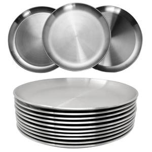 lot 44376 image: Stainless Steel Plates 9 inch 304 Metal Lightweight Unbreakable Dinner Dishes Plates Set Non-Toxin Dishwasher Safe BPA Free and Healthy (10 Pcs) - Retail $30