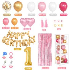 lot 44385 image: 101Pcs Baby First Birthday Decorations for Girl with Balloon Boxes, Rose Red Pink Crown 1st Confetti Foil Balloons Arch Kit for 1st Birthday Decorations Baby Girl - Retail $31
