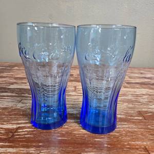 lot 72 image: Coca-Cola Vintage Cobalt Blue Base Contour Glasses Set of 2