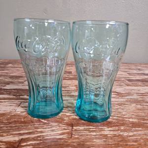 lot 73 image: Coca-Cola Vintage Blue Tint Glass Tumblers Set of 2