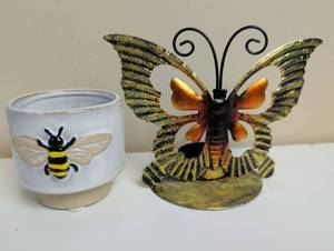 lot 16883 image: Abbott Bumblebee Ceramic Votive & Metal Butterfly Tea Light Holder