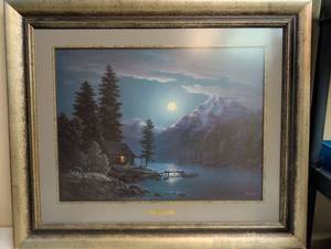 lot 16891 image: Signed & Numbered Limited Ed. Print Framed - Moonlit Mountain lake cabin scene framed by D. Wingberg