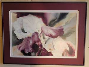 lot 16900 image: Purple and White Iris Floral Wall Art, Matted and Framed