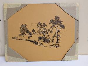 lot 16907 image: Country Fence-line Landscape Print on tan paper