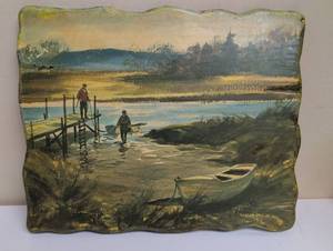 lot 16909 image: Vintage Waterfront Fishing Scene Decoupage Wall Art 1971