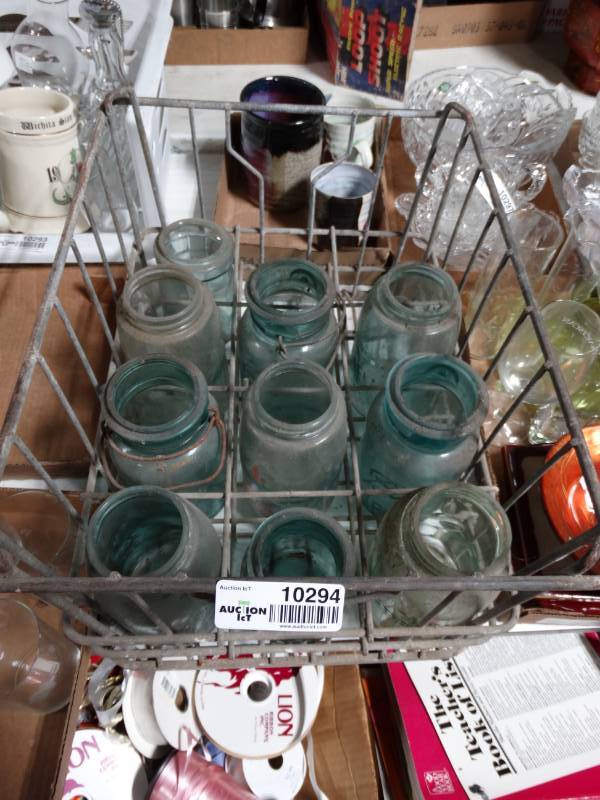 lot 10294 image: lot of vintage blue tinted mason jars with metal basket