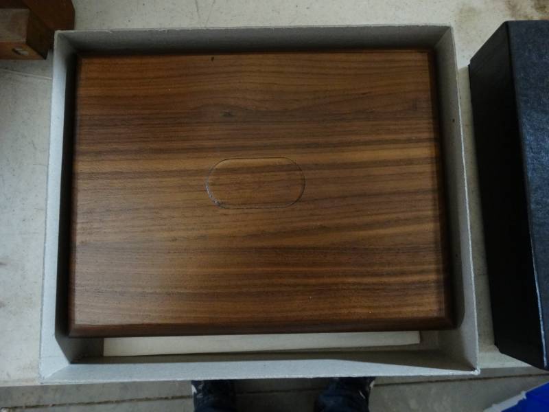 lot 10385 image: Genuine american walnut box with pen, calculator, postit notes , paper clips and name plaque