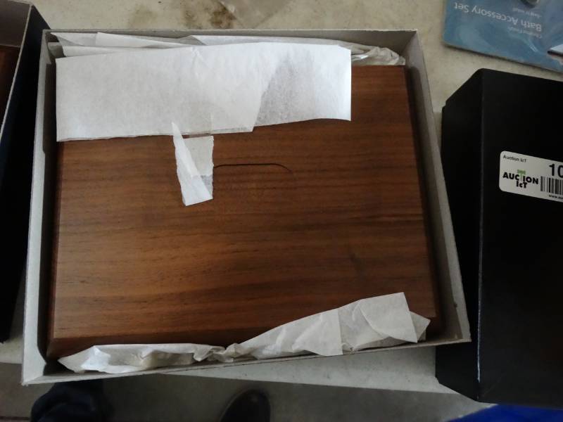 lot 10386 image: Genuine american walnut box with pen, calculator, postit notes , paper clips and name plaque