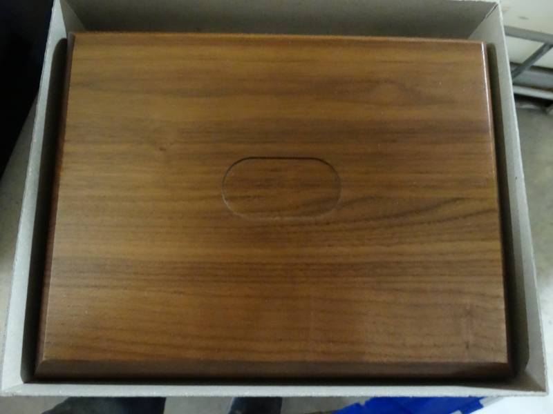 lot 10387 image: Genuine american walnut box with pen, calculator, postit notes , paper clips and name plaque
