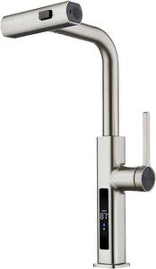 lot 301241 image: Retails for $170 Lefton Pull-Out Waterfall Kitchen Faucet with Temperature Display, Two Water Outlet Modes, Single Hole, Brushed Nickel, KF2209-0