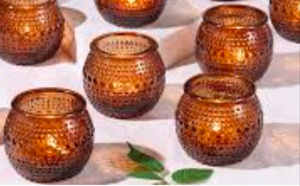lot 2002 image: Amber Hobnail Glass Votive Candle Holders - 4 ct