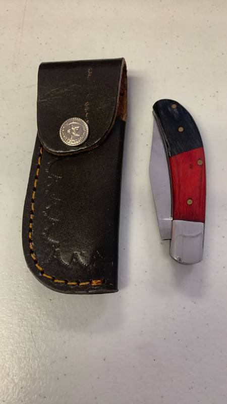 lot 114 image: Handmade Folding Knife with Leather Case approx 6 inch when open