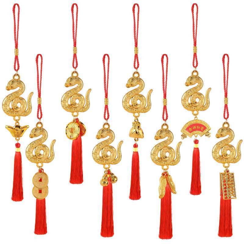 lot 470 image: 8 Pcs Chinese New Year Snake Decorations Lunar New Year 2025 Red Tassel Ornaments with Wealth Success Good Luck Hanging Decorations for Gifts Home Car Decor