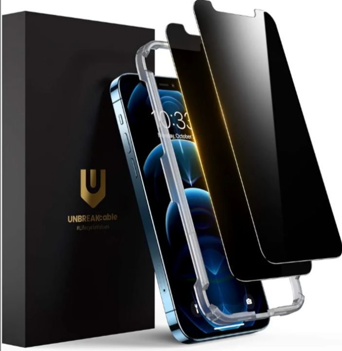 lot 813 image: UNBREAKcable Privacy Screen Protector for iPhone 12 iPhone 12 Pro, Shatterproof Tempered Glass True 28°Anti Spy 9H Hardness Easy Installation Frame Black Protector for iPhone 6.1 - 2 Pack