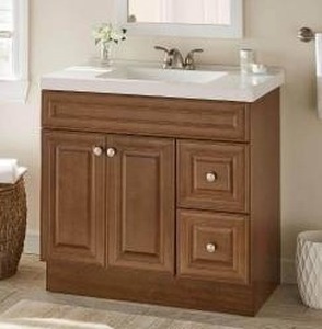lot 25047 image: Glacier Bay Glensford 36-inch Bathroom Vanity Cabinet With Top, Butterscotch, 36W x 22D x 34H.- Retail $359