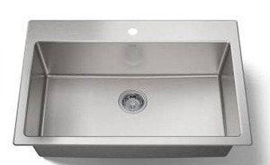 lot 25080 image: Stainless Steel 1 Hole Center Drain Sink, 33 W x 22 D x 8 34 H Inch- Retail $429